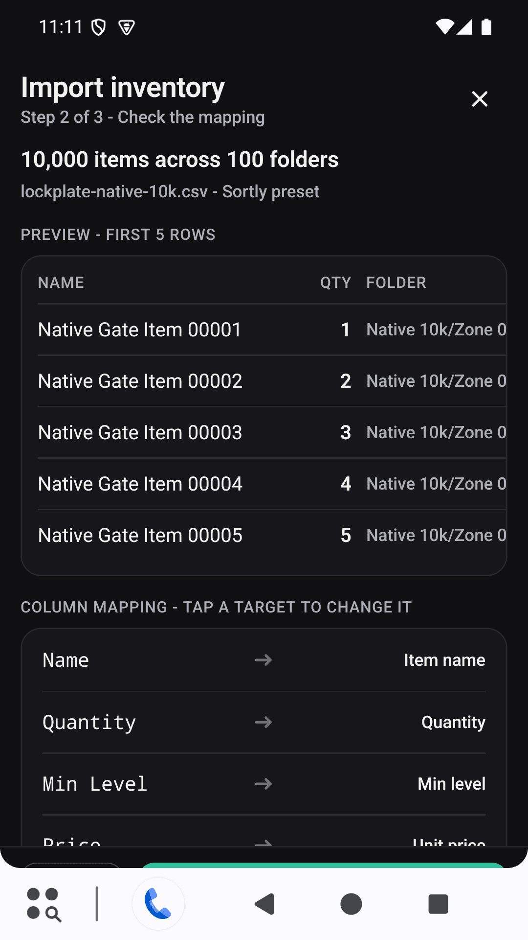 Lockplate mapping preview for 10,000 items across 100 folders