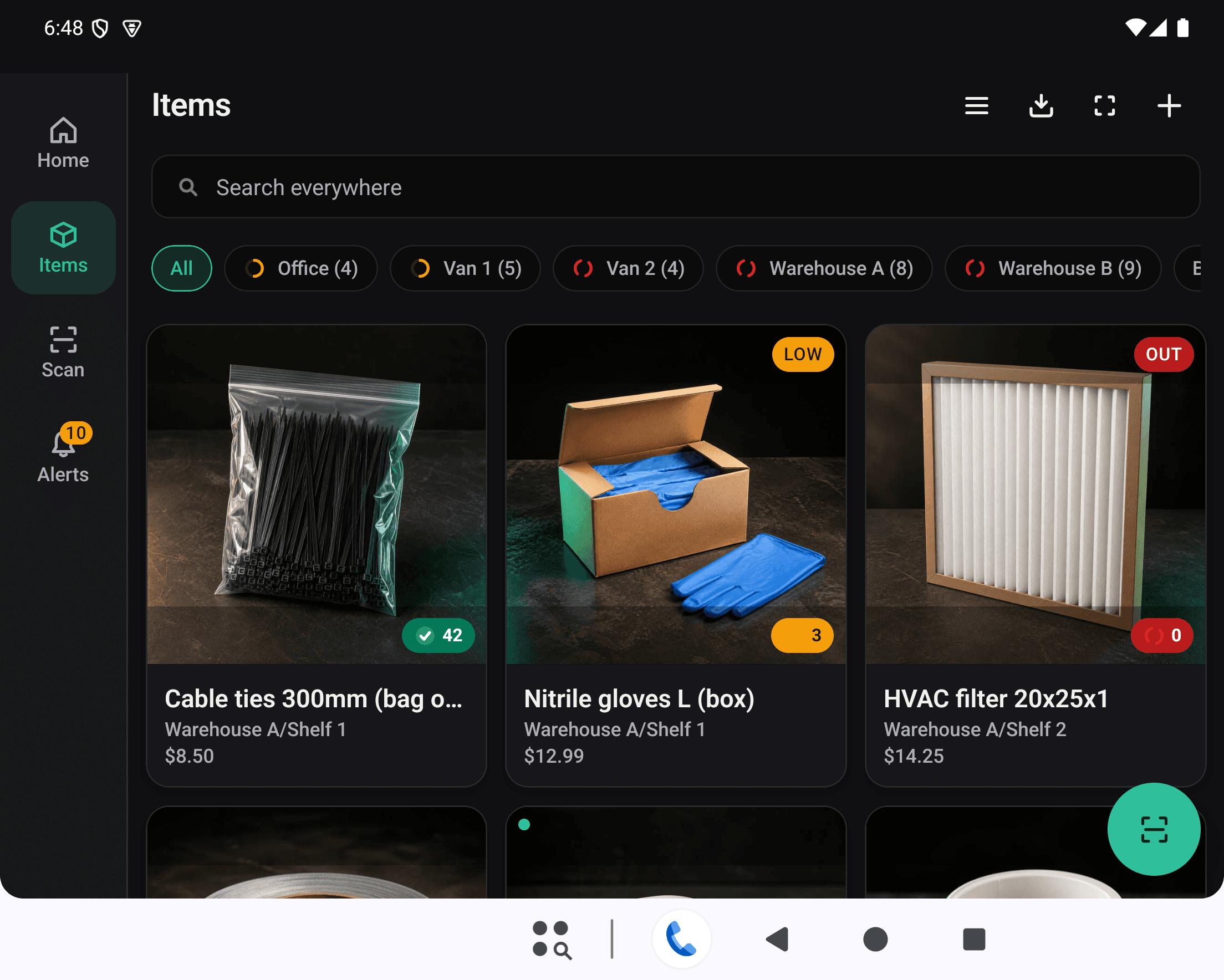 Lockplate inventory grouped by office, vans, and warehouses on an Android tablet